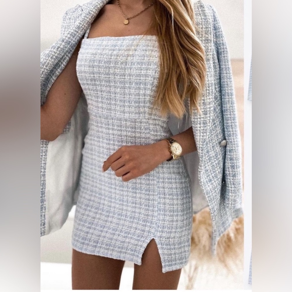 Zara size Small tweed textured blue mini dress